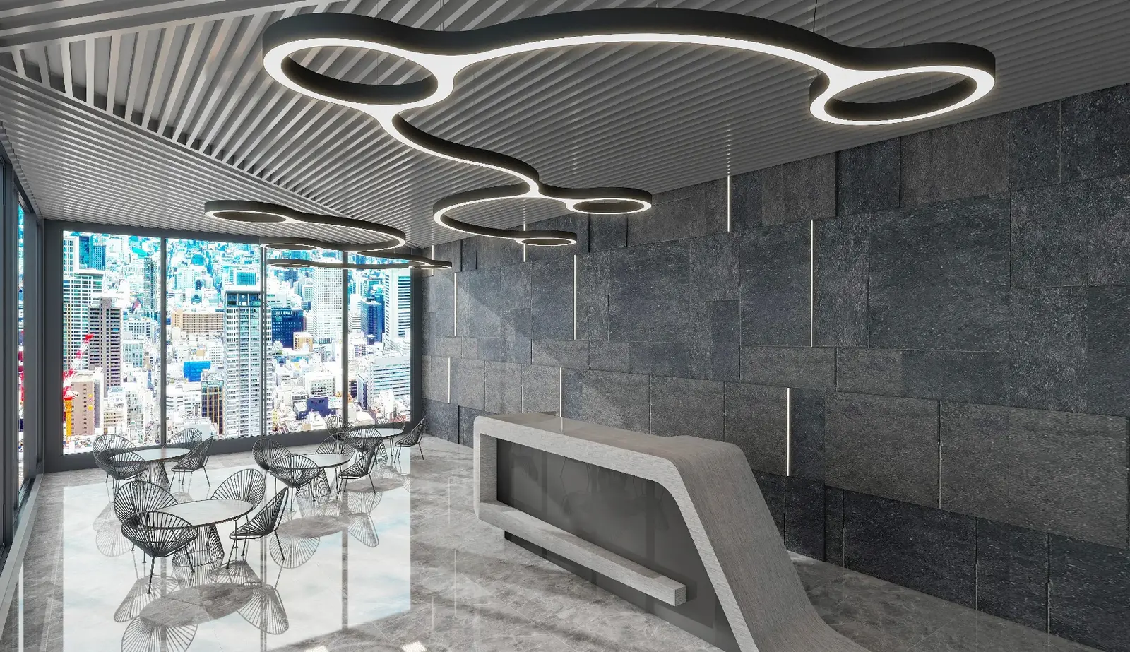 Free-form S~08 pendant with connected rings and lobes over a reception counter and cafe seating