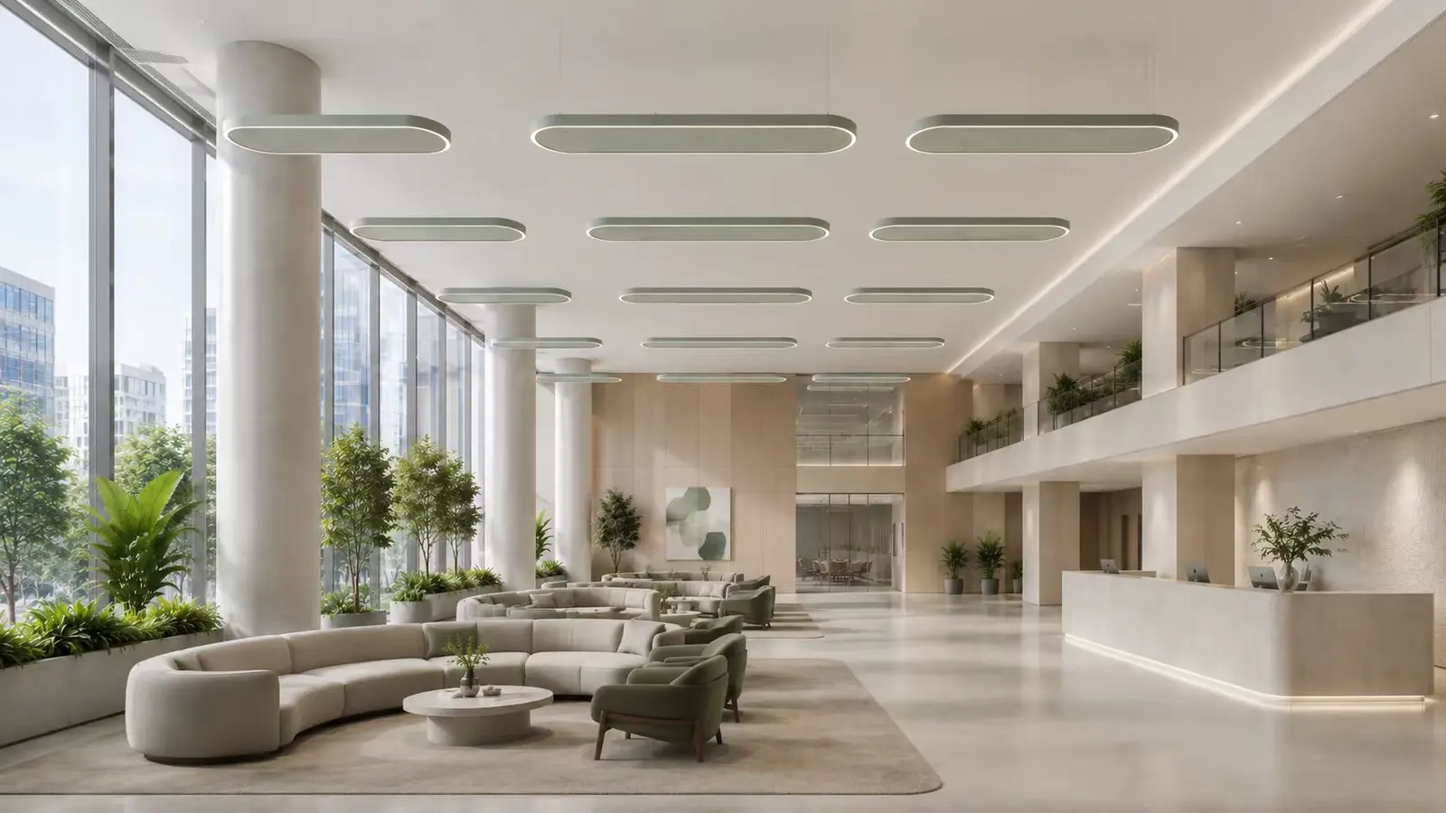 Grid of oval S~08 ring pendants in a bright double-height corporate lobby