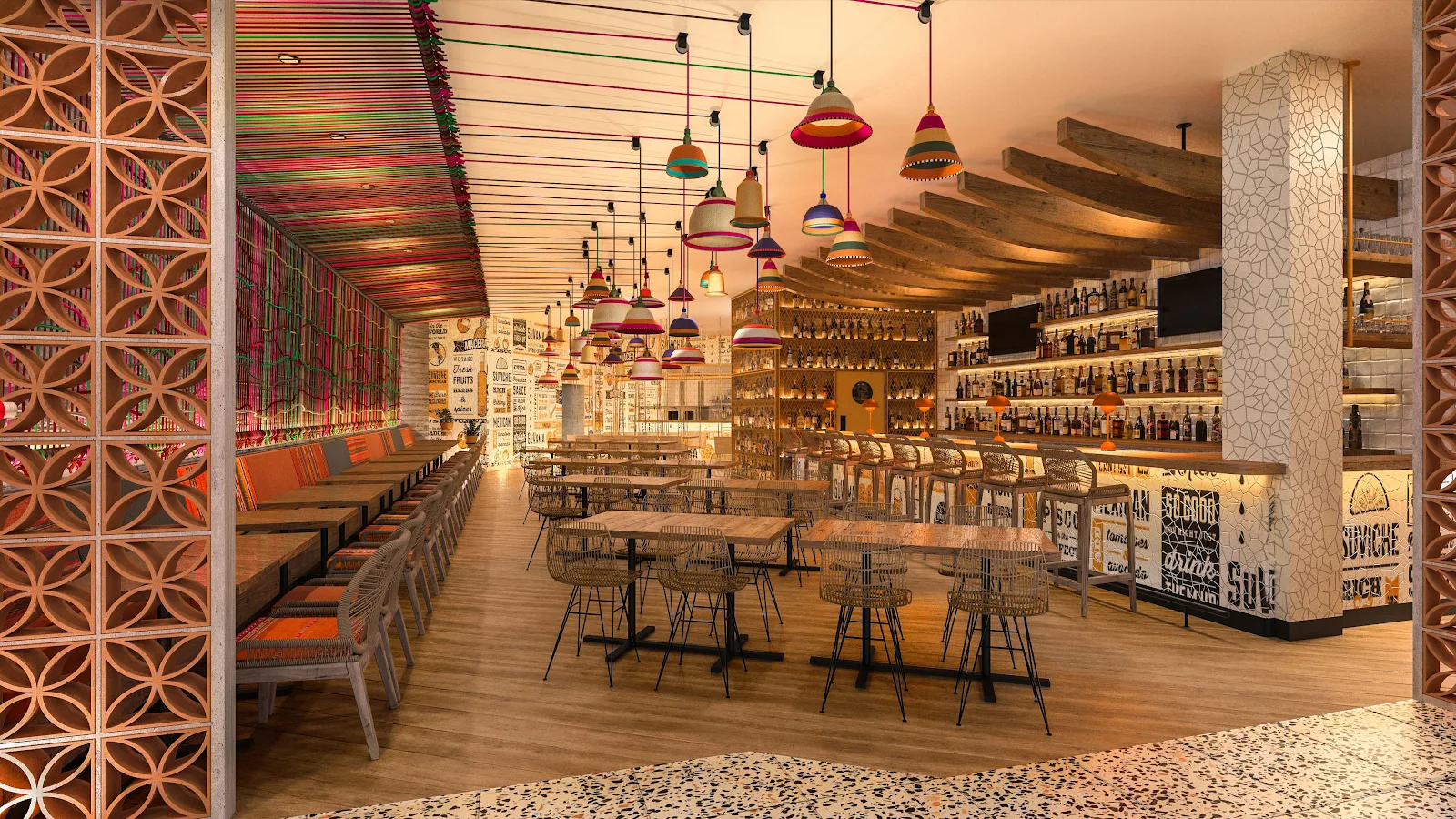 Restaurant bar and dining room lit with custom coloured pendants, supplied by Brand Lighting